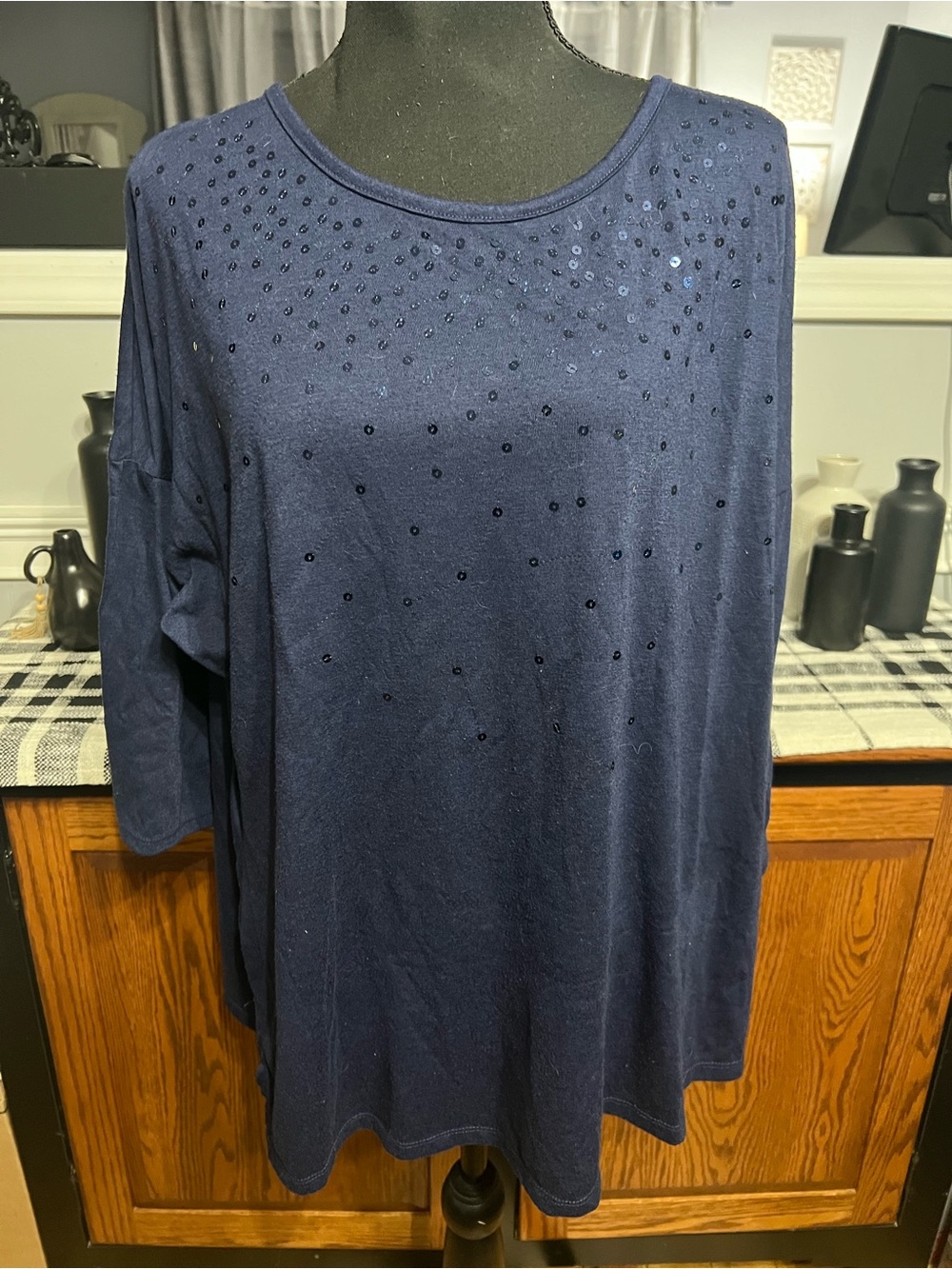 Women's Navy Sequin Embellished Plus Size Top